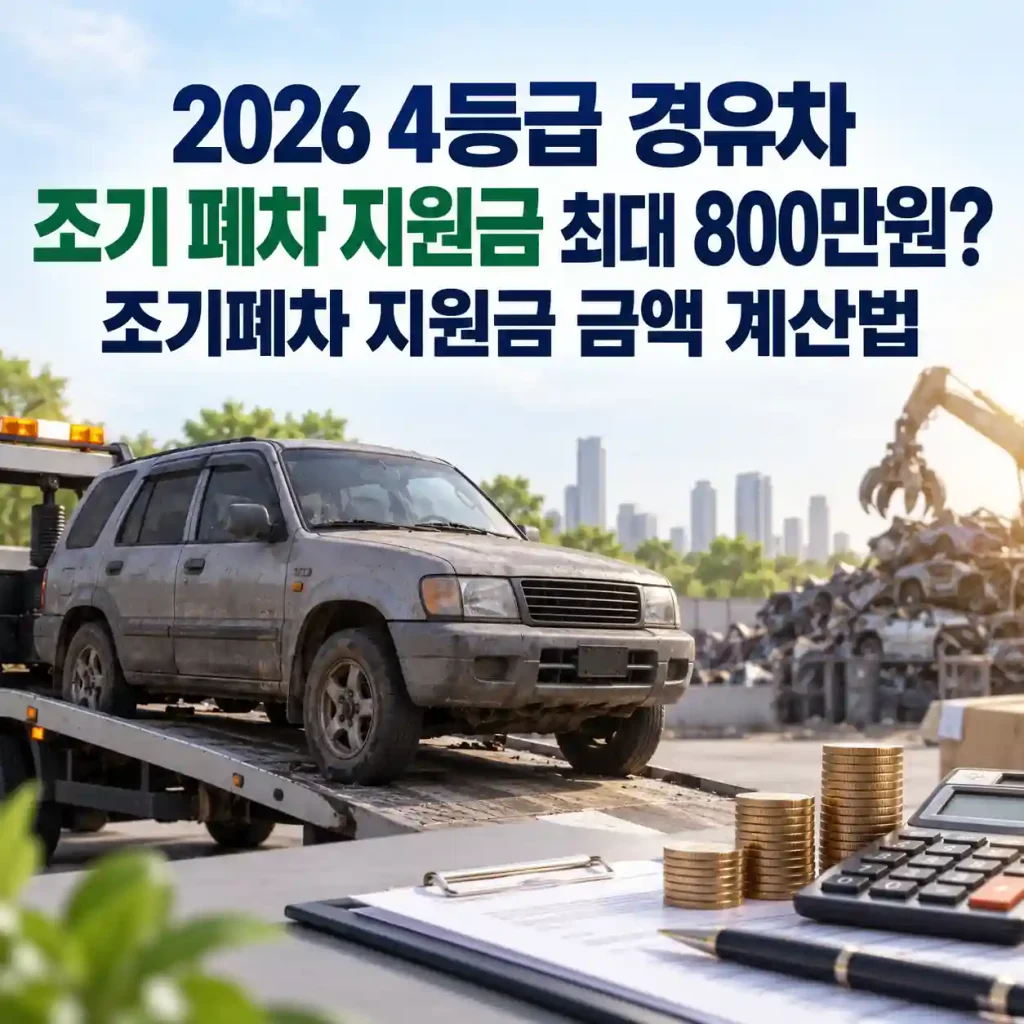 2026 4등급 경유차 조기 폐차 지원금 최대 800만원과 지원금 계산법을 안내하는 이미지