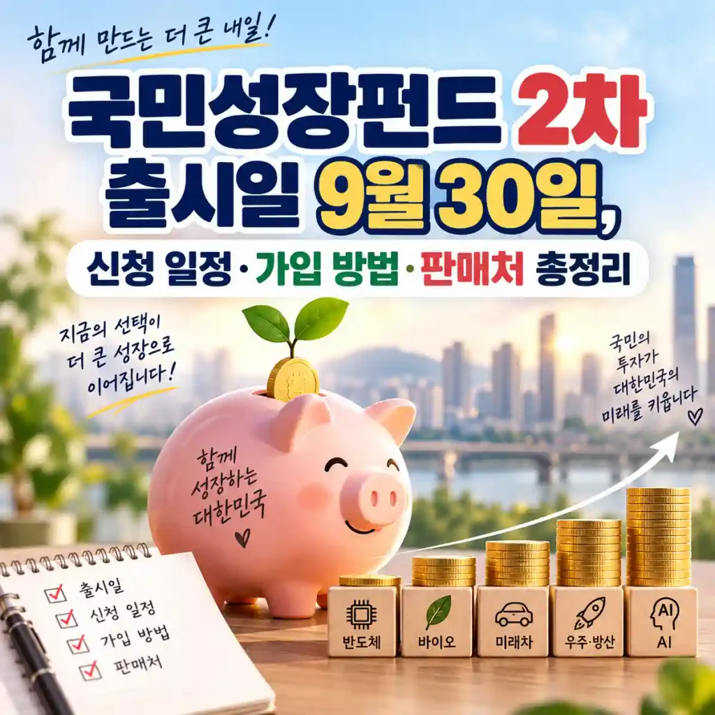 국민성장펀드 2차 출시일과 신청 일정, 가입 방법, 판매처를 안내하는 이미지