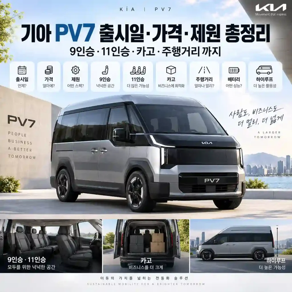 기아 PV7 출시일과 가격, 제원, 9인승·11인승, 카고 정보를 정리한 이미지