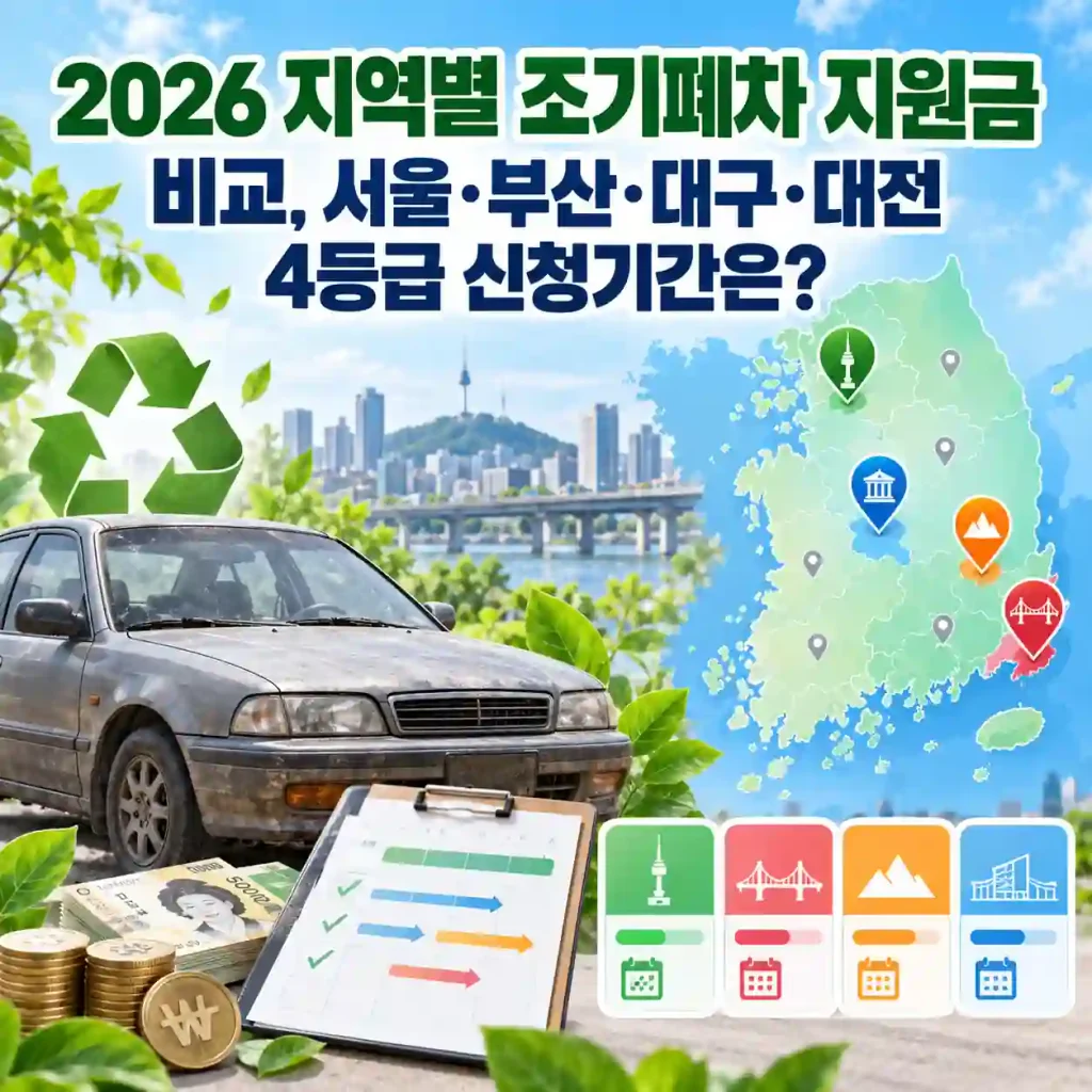 2026 지역별 조기폐차 지원금과 서울·부산·대구·대전 4등급 신청기간을 비교한 이미지