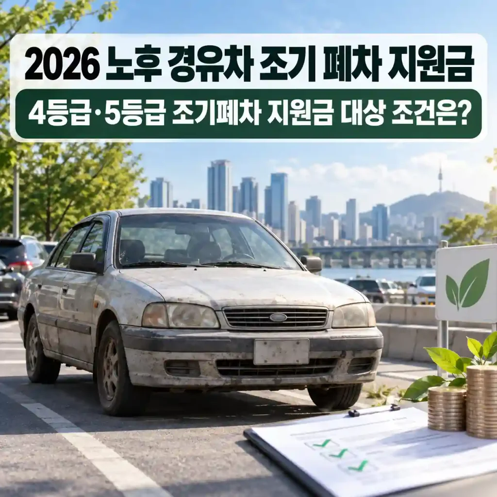 2026 노후 경유차 조기 폐차 지원금 대상 조건과 4등급·5등급 차량을 안내하는 이미지