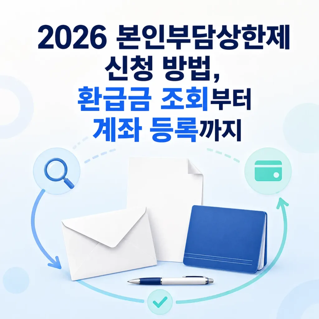 2026 본인부담상한제 신청 방법과 환급금 조회, 계좌 등록 절차를 안내하는 이미지