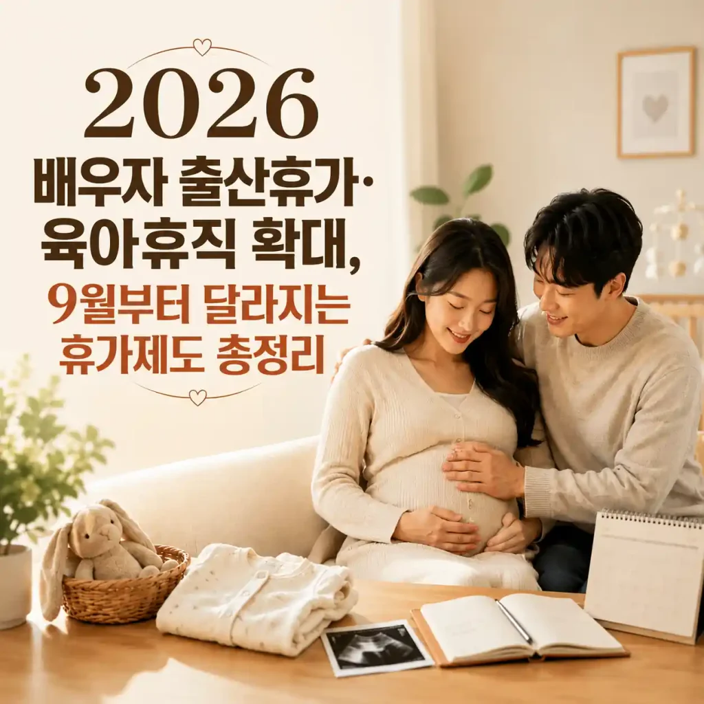 2026년 달라지는 배우자 출산휴가와 육아휴직 확대 내용을 소개하는 이미지