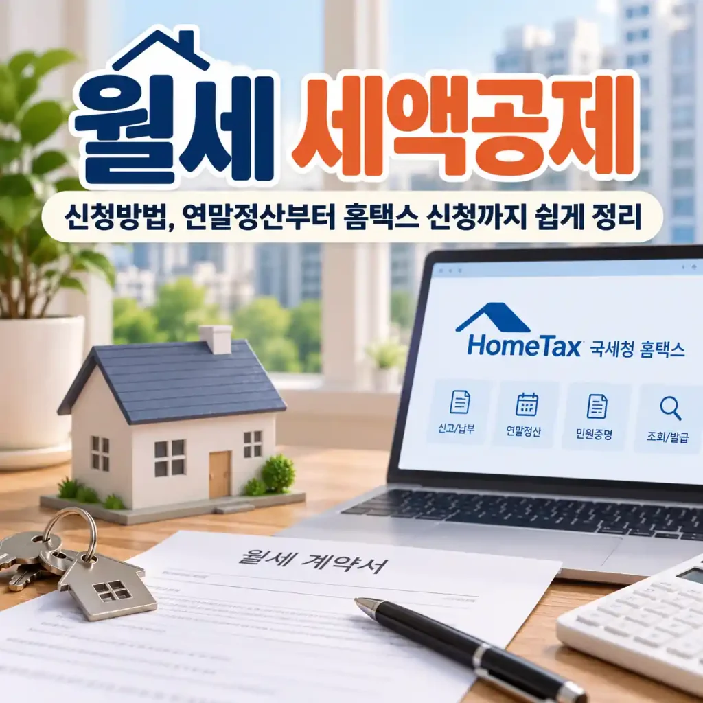 월세 세액공제 신청방법과 연말정산 홈택스 신청 과정을 설명하는 이미지