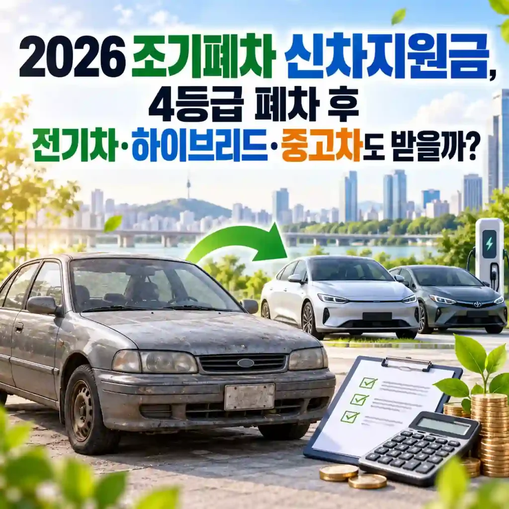 2026 조기폐차 신차지원금과 4등급 폐차 후 전기차·하이브리드·중고차 지원 조건을 안내하는 이미지