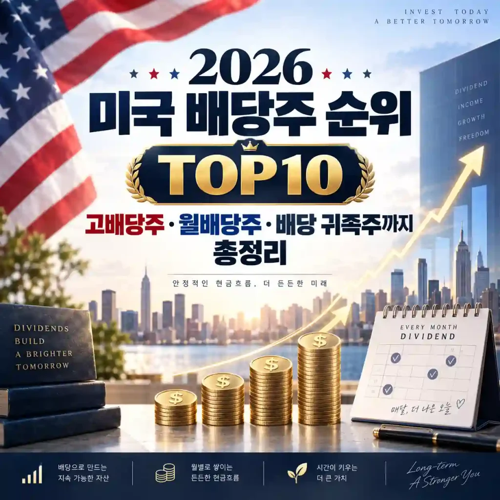미국 배당주 순위와 고배당주, 월배당주, 배당 귀족주를 정리한 이미지