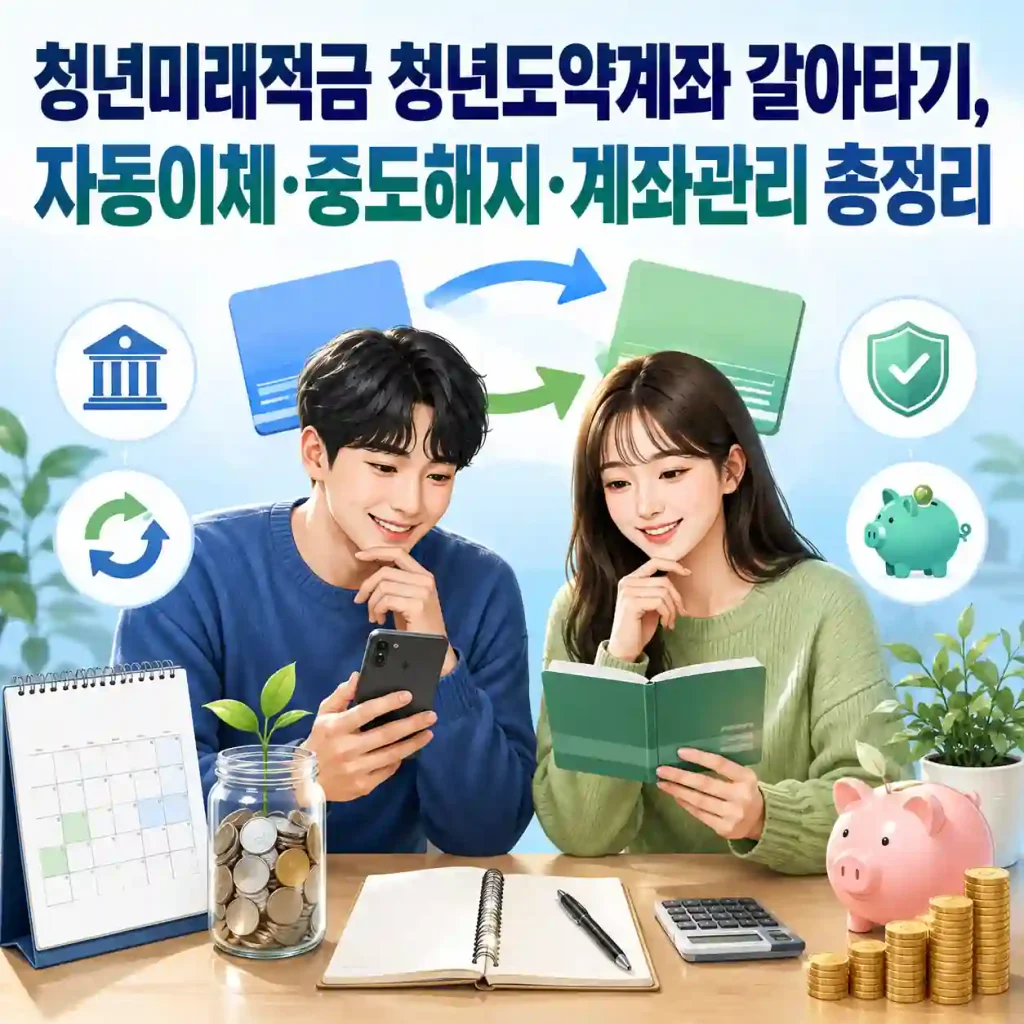 청년미래적금 갈아타기와 청년도약계좌 연계가입, 자동이체와 계좌관리를 안내하는 이미지