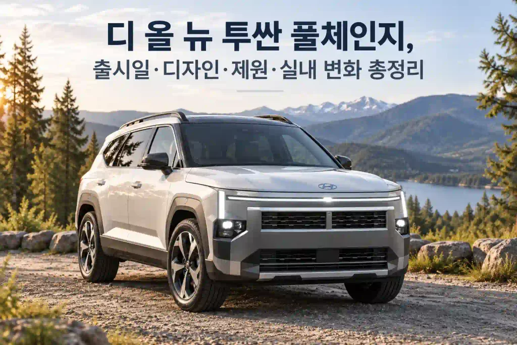 디 올 뉴 투싼의 전면 디자인과 자연 배경을 담은 이미지