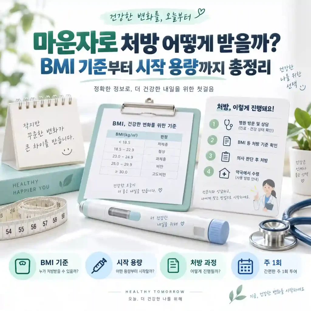 마운자로 처방 기준과 BMI, 시작 용량을 정리한 이미지