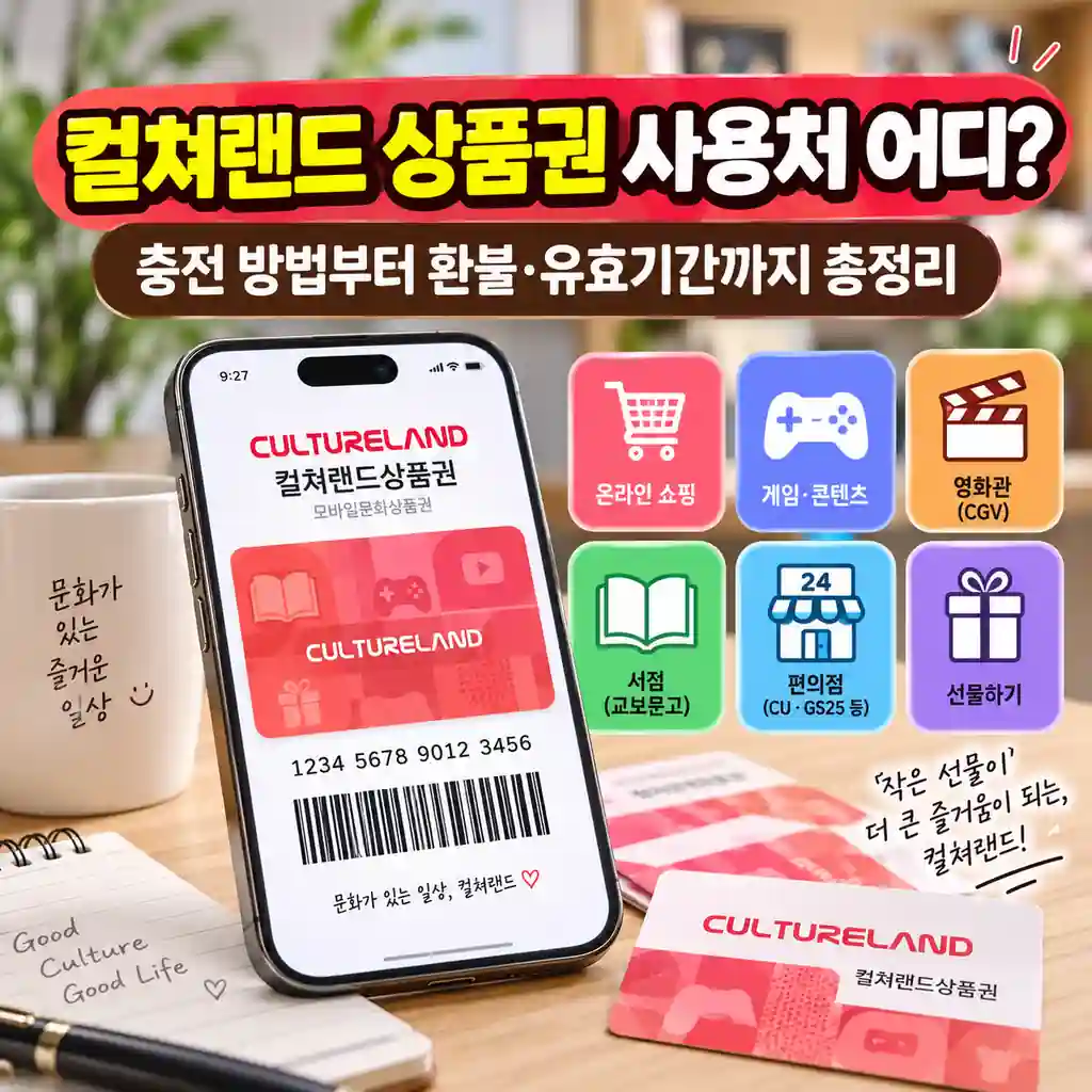 컬쳐랜드 상품권 사용처와 충전, 환불, 유효기간을 정리한 이미지