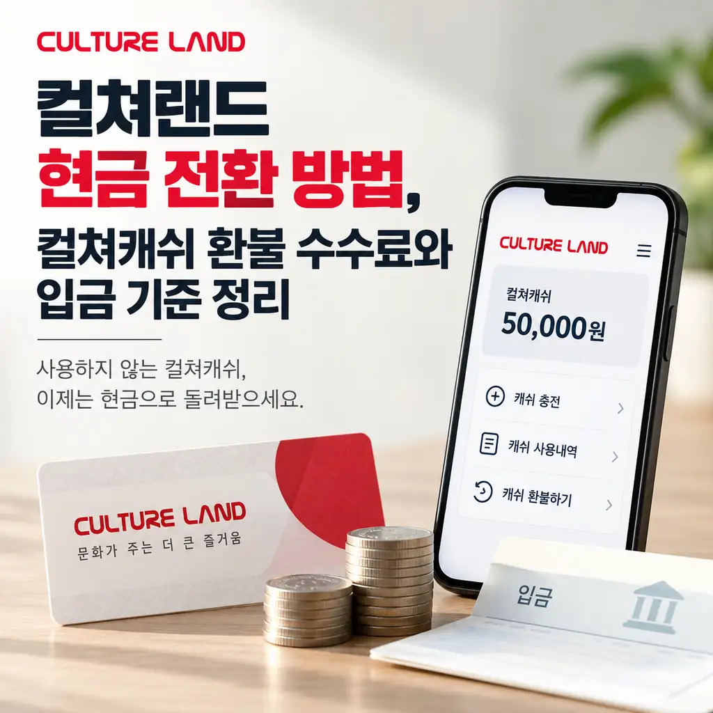 컬쳐랜드 현금 전환 방법과 컬쳐캐쉬 환불 수수료, 입금 기준을 정리한 이미지