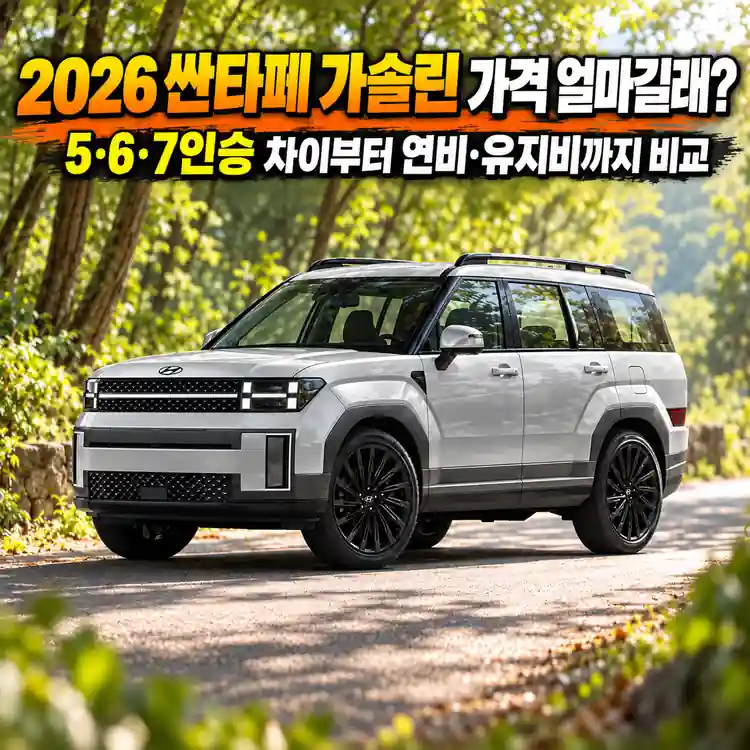 푸른 숲길에 세워진 은색 2026 싼타페 가솔린 차량으로, 가격과 5·6·7인승 차이, 연비 및 유지비를 비교하는 이미지.
