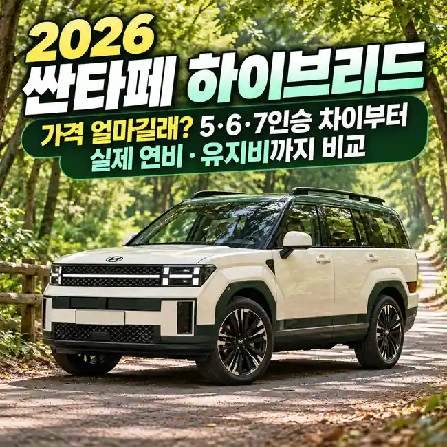푸른 숲길에 세워진 아이보리와 짙은 초록색 투톤의 2026 싼타페 하이브리드 차량으로, 가격과 5·6·7인승 차이, 실제 연비 및 유지비 비교를 안내하는 이미지.