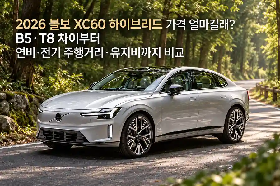 숲길에 세워진 은색 2027 볼보 ES90의 전면과 측면 디자인