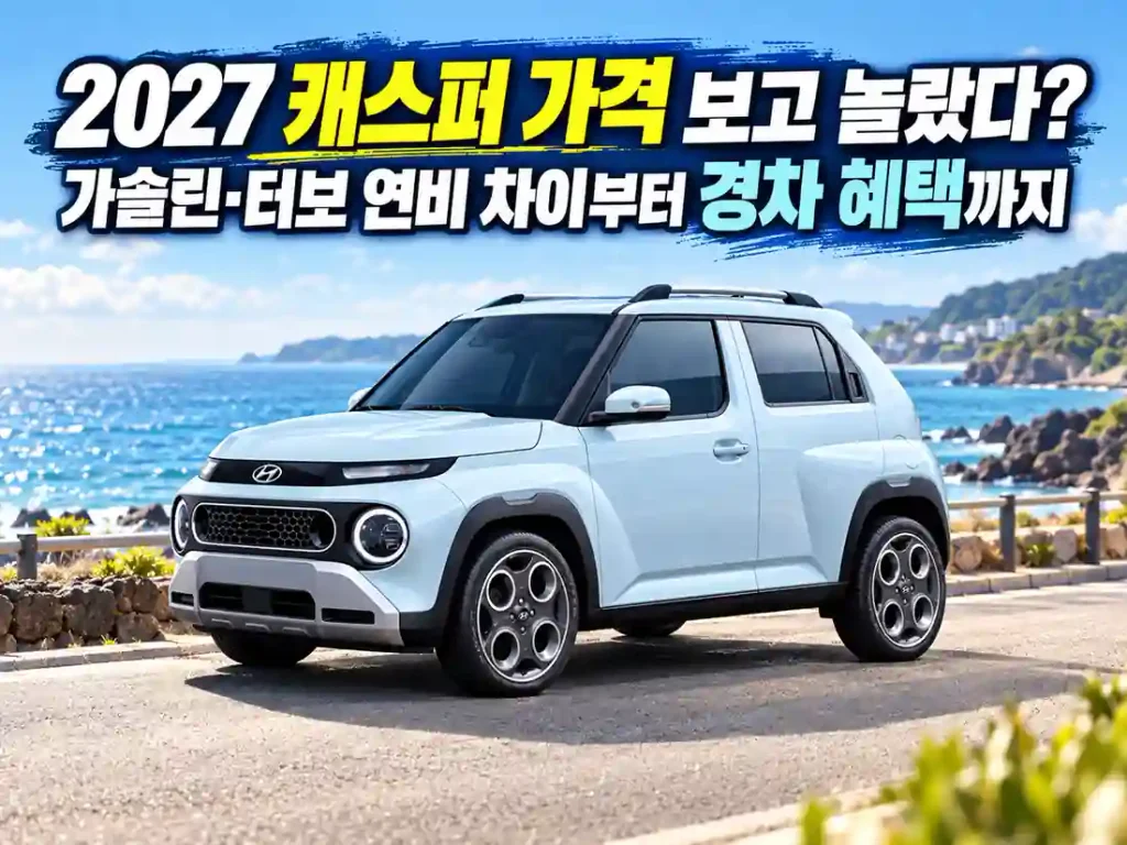 2027 캐스퍼 연한 파랑 아이보리 차량이 해안도로에 서 있는 모습으로, 가솔린 터보 가격과 연비 차이 및 경차 혜택을 소개하는 이미지
