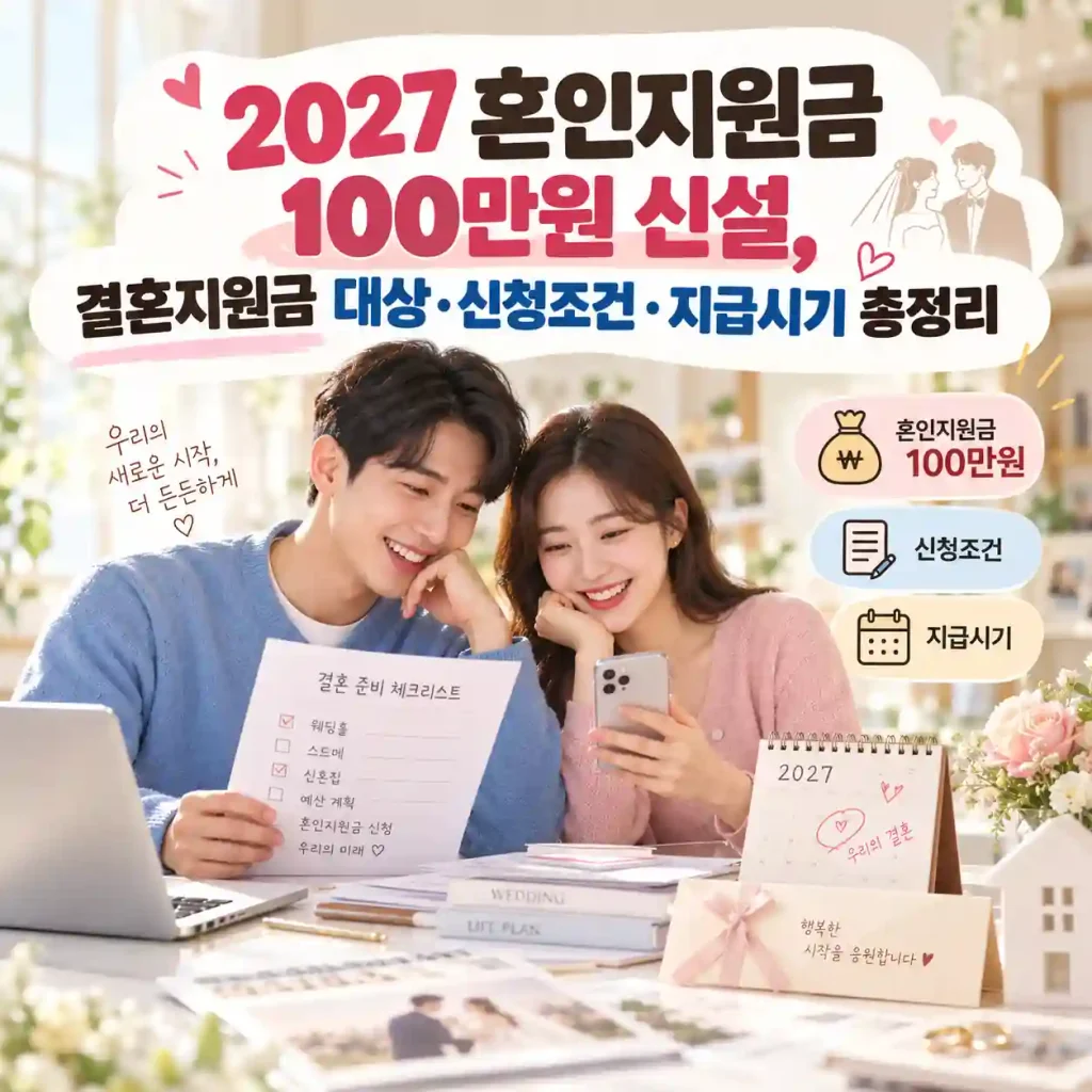 2027 혼인지원금 100만원 신청조건과 지급시기 안내 이미지