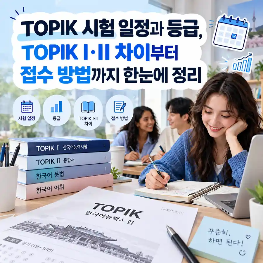 TOPIK 시험 일정과 등급, TOPIK I·II 차이와 접수 방법을 안내하는 이미지