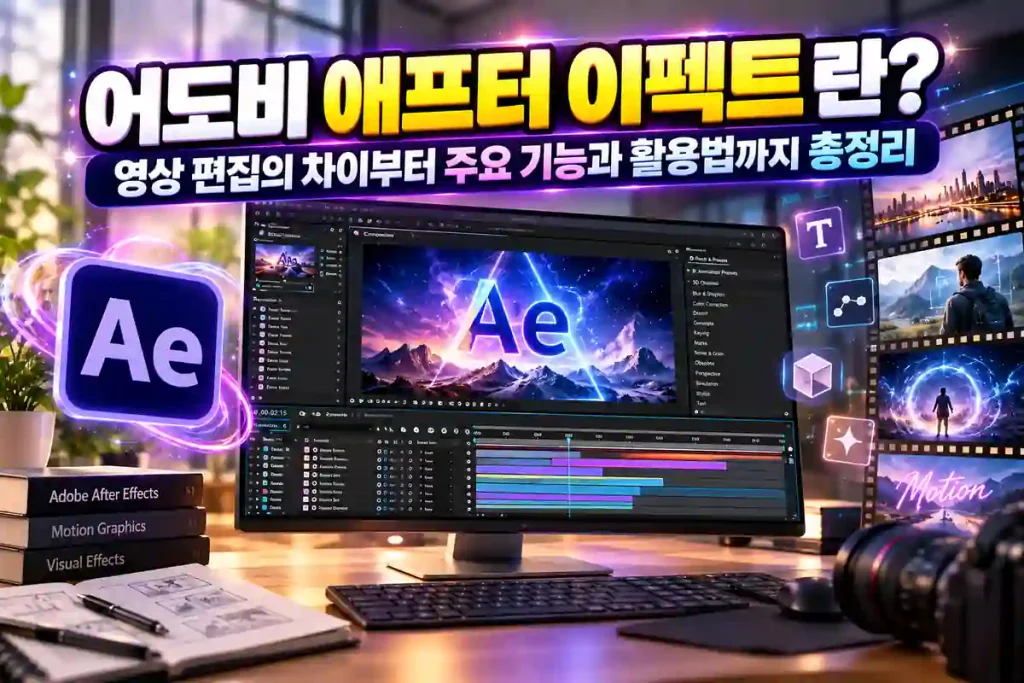 어도비 애프터 이펙트의 영상 편집 차이와 주요 기능, 모션그래픽 활용법을 소개하는 이미지