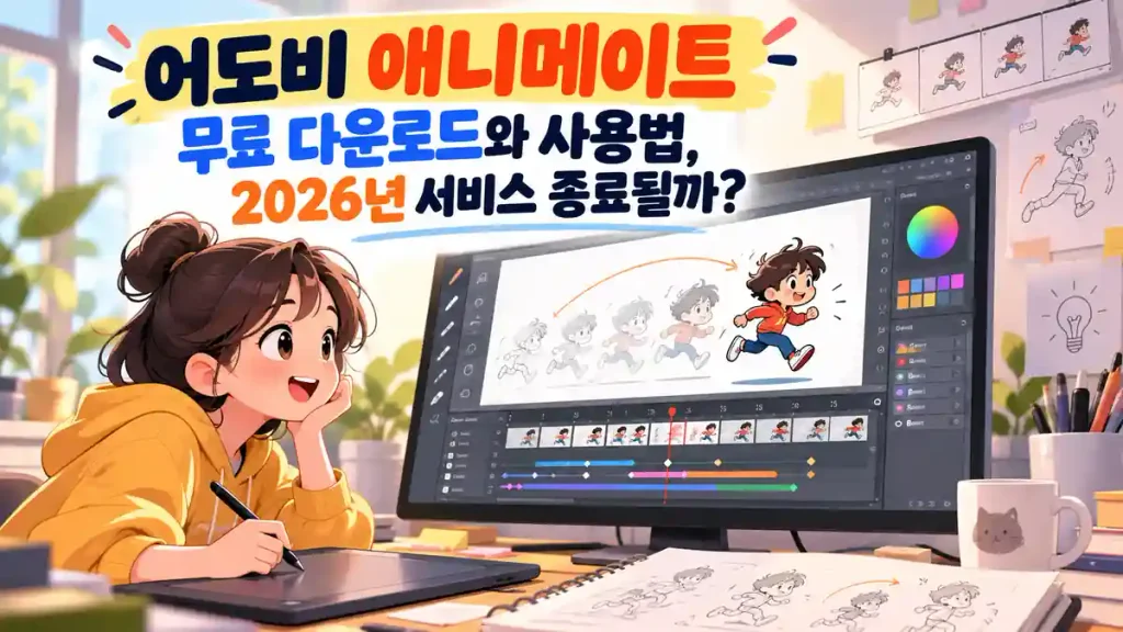 어도비 애니메이트 무료 다운로드와 사용법을 소개하는 이미지로, 컴퓨터 화면에서 2D 캐릭터 애니메이션을 제작하는 모습
