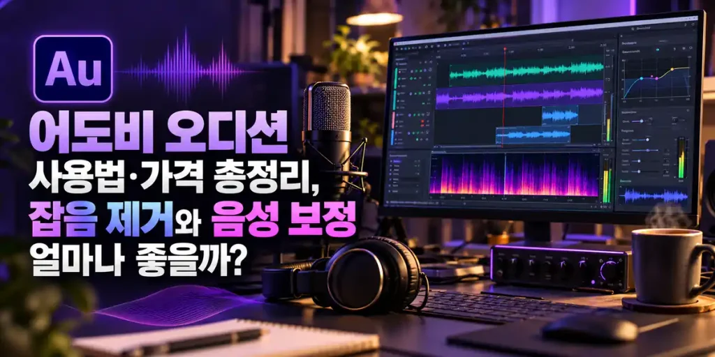 어도비 오디션으로 잡음 제거와 음성 보정을 하는 오디오 편집 화면, 마이크와 헤드폰이 놓인 작업 공간