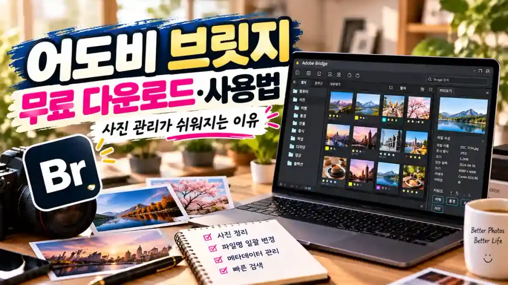 어도비 브릿지 무료 다운로드와 사용법을 소개하는 이미지로, 노트북 화면에 사진 관리 프로그램과 이미지 미리보기 기능이 표시된 모습