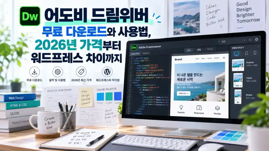 어도비 드림위버 무료 다운로드와 사용법을 소개하는 이미지로, 컴퓨터 화면에서 HTML 코드를 편집하고 웹사이트 디자인을 미리 보는 모습