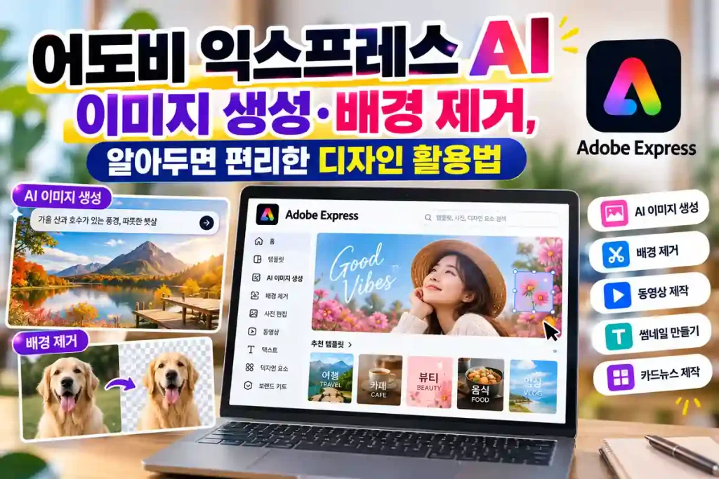 어도비 익스프레스 AI 이미지 생성과 배경 제거 기능을 소개하는 이미지로, 노트북 화면에 디자인 편집 도구와 다양한 템플릿이 표시된 모습