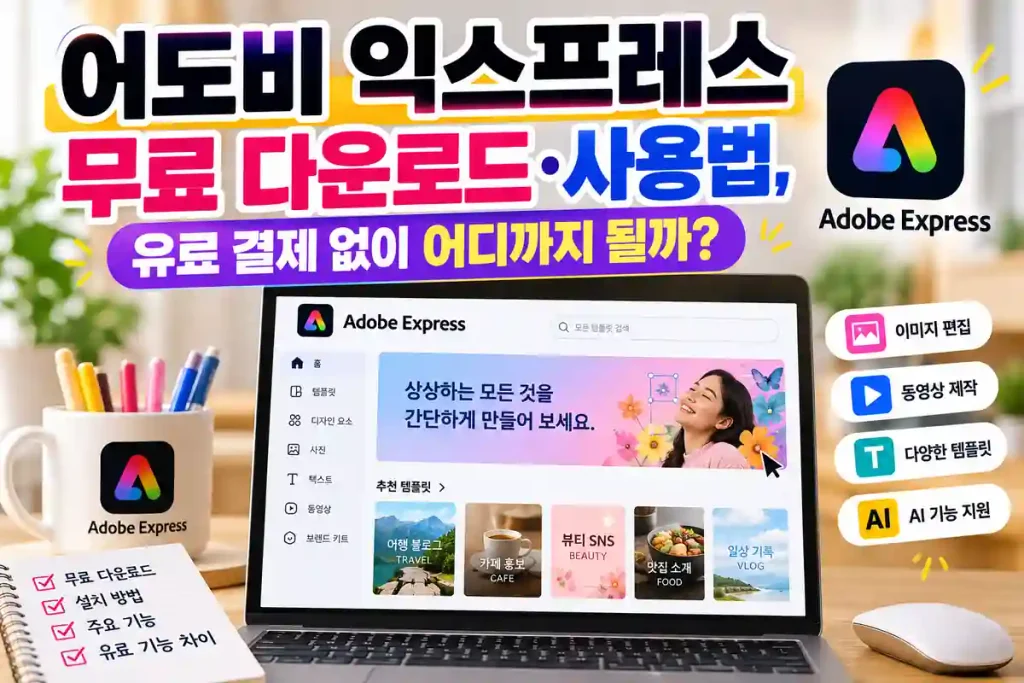 어도비 익스프레스 무료 다운로드와 사용법을 소개하는 이미지로, 노트북 화면에 다양한 디자인 템플릿과 이미지 편집 기능이 표시된 모습