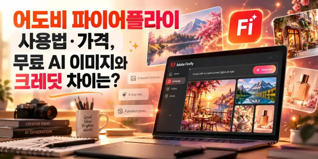 어도비 파이어플라이로 다양한 AI 이미지를 생성하는 노트북 화면과 무료 사용법, 가격 및 크레딧 차이를 소개하는 이미지