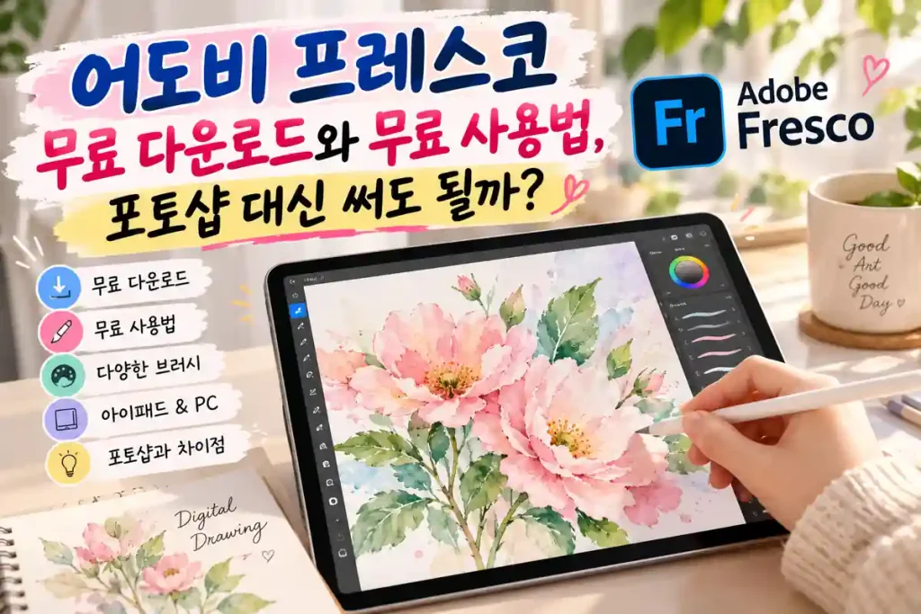 어도비 프레스코 무료 다운로드와 사용법을 소개하는 이미지로, 아이패드에서 펜을 이용해 수채화 꽃 그림을 그리는 모습