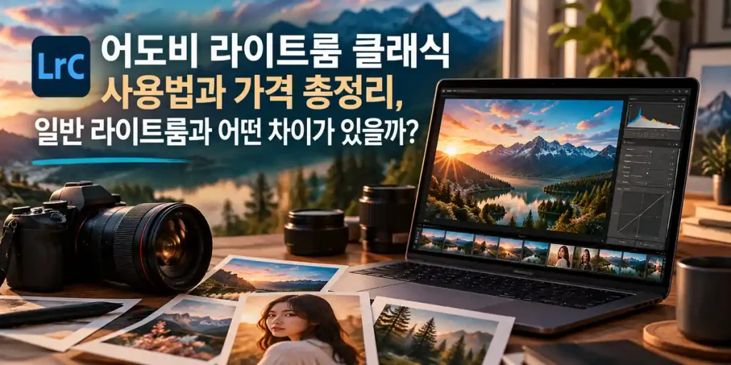 어도비 라이트룸 클래식으로 풍경 사진의 색감을 보정하는 화면과 카메라, 사진 편집 작업 공간