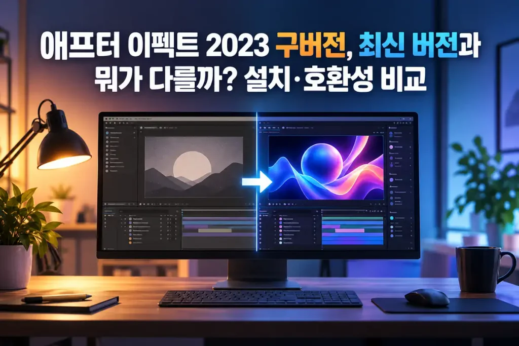 애프터 이펙트 2023 구버전과 최신 2026 버전의 기능 및 호환성을 비교한 영상 편집 작업 화면