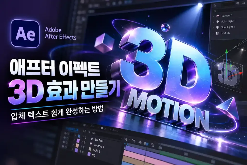 애프터 이펙트 3D 효과로 입체 텍스트를 만드는 방법을 보여주는 영상 편집 화면