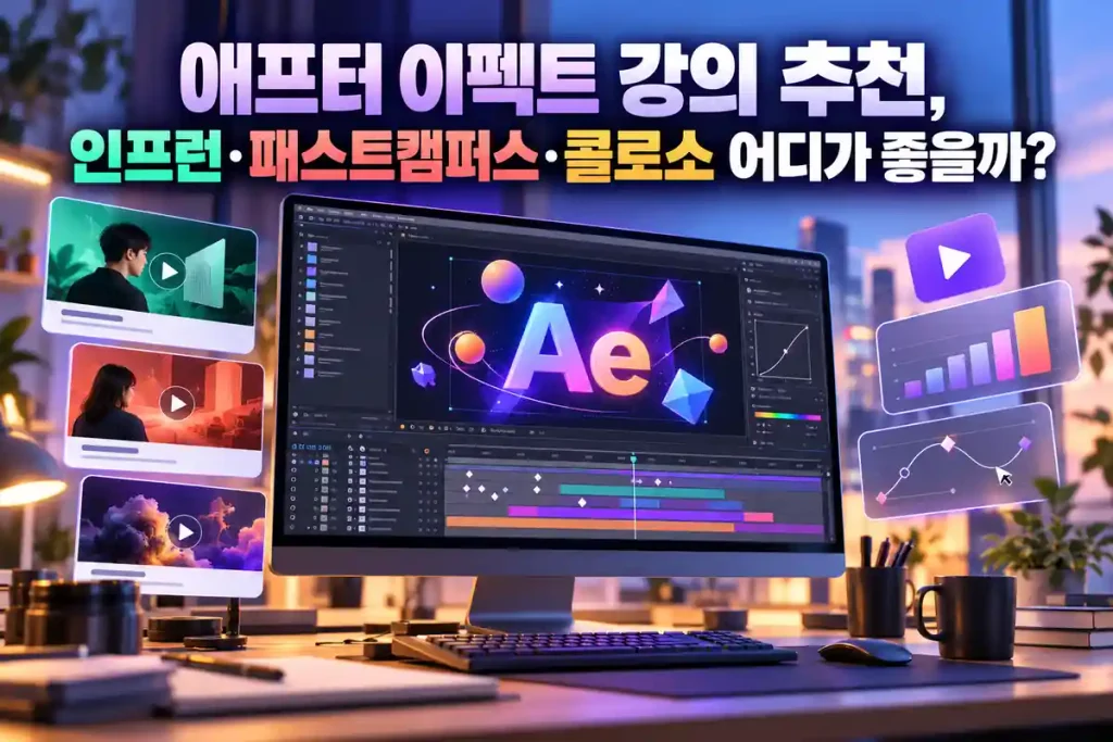 애프터 이펙트 강의 추천과 인프런·패스트캠퍼스·콜로소 온라인 강좌 비교를 소개하는 영상 편집 작업 화면