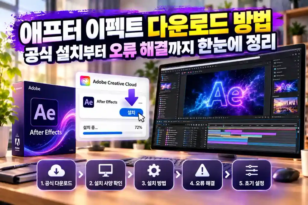 애프터 이펙트 다운로드 방법과 공식 설치 과정, 오류 해결 및 초기 설정을 안내하는 이미지