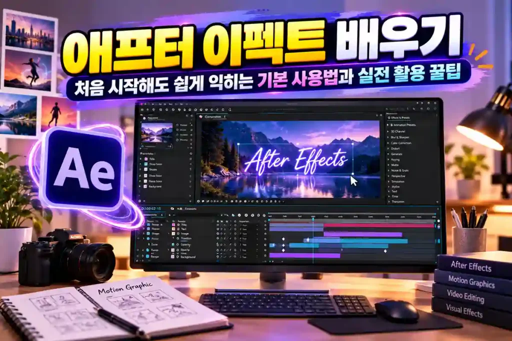 애프터 이펙트 배우기를 위한 기본 사용법과 키프레임, 타임라인 등 실전 활용 방법을 소개하는 이미지