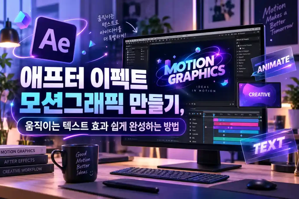 애프터 이펙트 모션그래픽 만들기와 움직이는 텍스트 효과를 보여주는 영상 편집 작업 화면