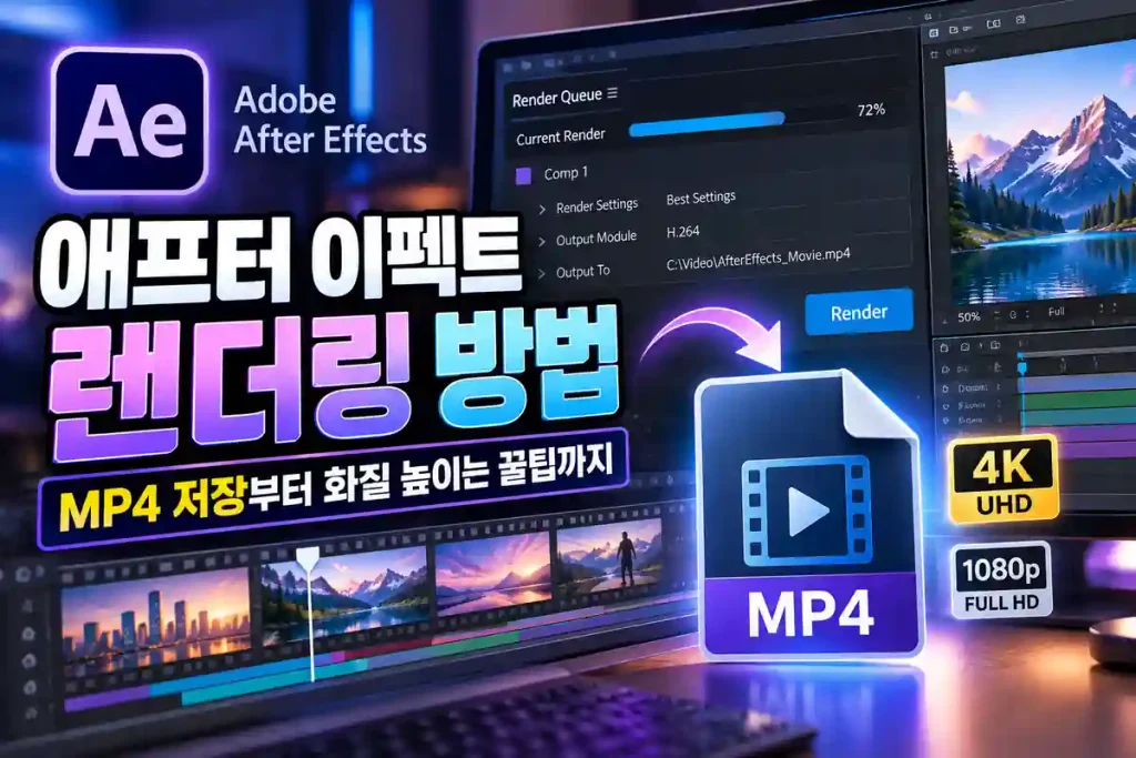 애프터 이펙트 렌더링 방법과 MP4 저장, 영상 화질 설정을 보여주는 작업 화면