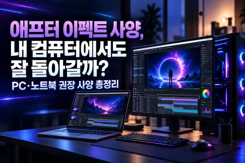 애프터 이펙트 사양과 PC·노트북 권장 사양을 비교하는 데스크톱 및 노트북 작업 환경 이미지