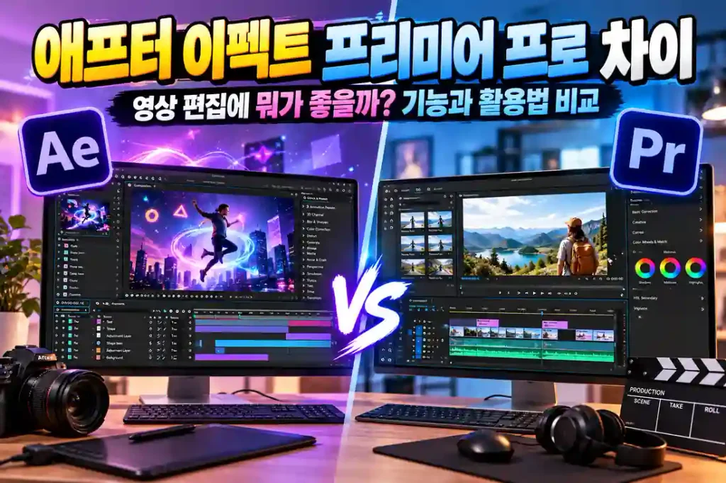 애프터 이펙트 프리미어 프로 차이를 영상 편집 기능과 모션그래픽 활용법으로 비교한 이미지