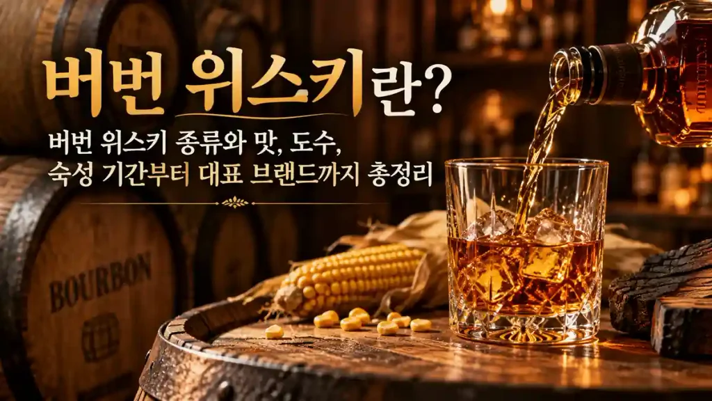 버번 위스키가 잔에 따라지는 모습과 옥수수, 오크통을 배경으로 버번 위스키 종류와 맛, 도수, 숙성 기간을 소개하는 이미지