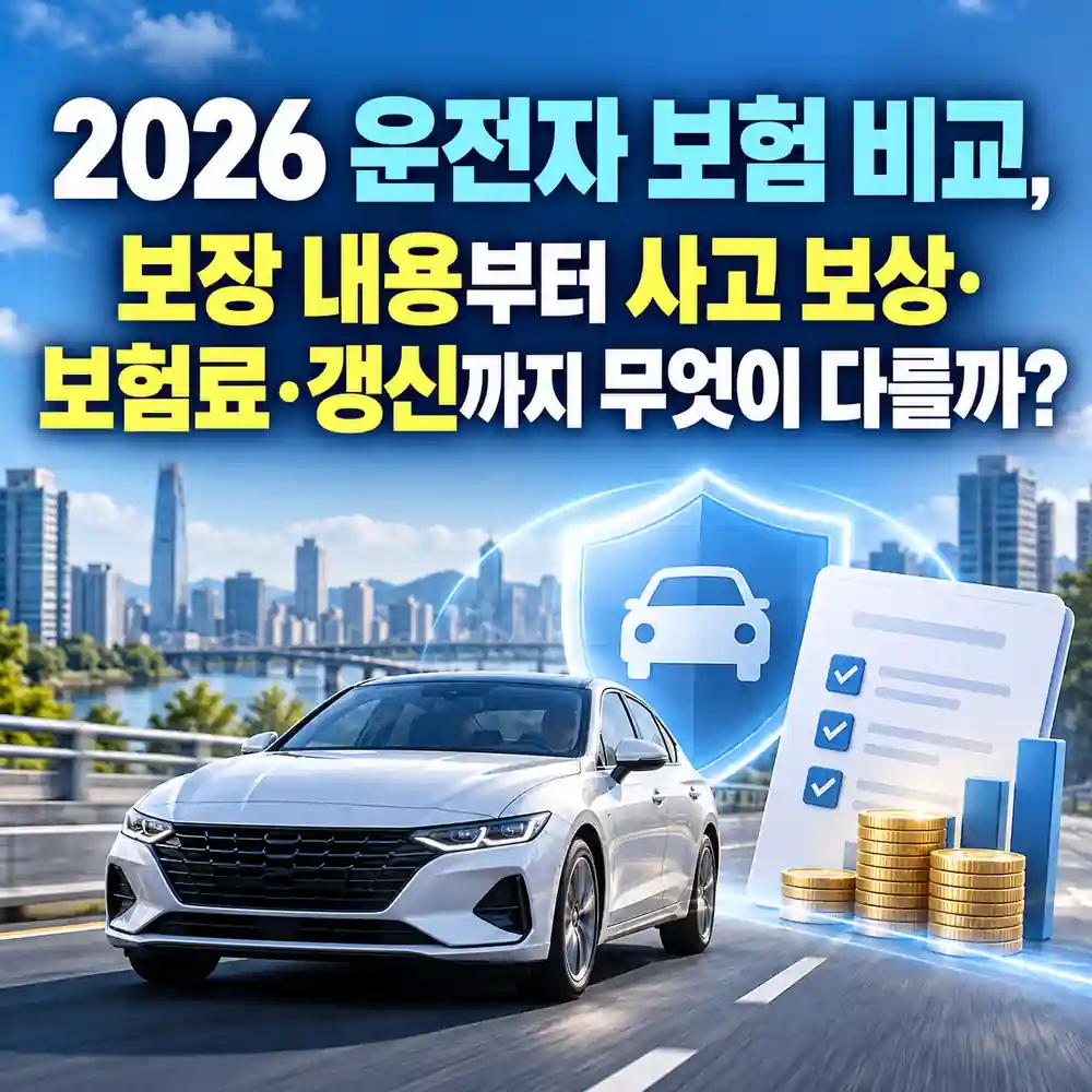 2026 운전자 보험 비교, 자동차와 보험 보장 내용을 상징하는 방패 및 체크리스트 이미지