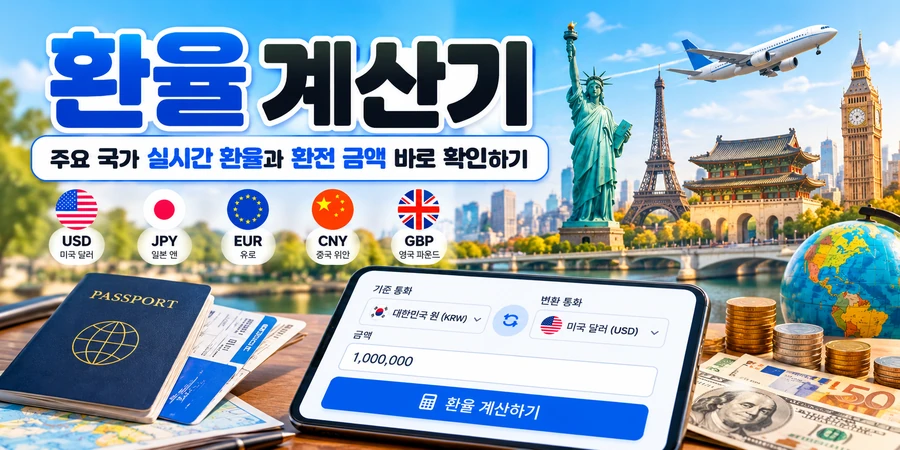환율 계산기로 주요 국가 환율과 환전 금액을 확인하는 이미지