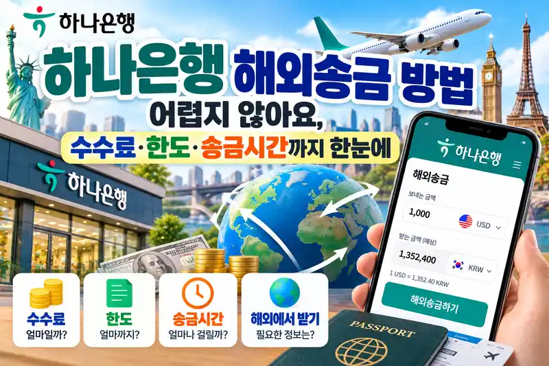 하나은행 해외송금 방법과 수수료 한도 송금시간을 정리한 안내 이미지