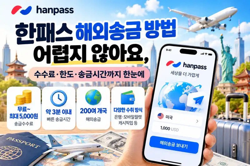 한패스 해외송금 방법과 수수료 한도 송금시간을 정리한 안내 이미지