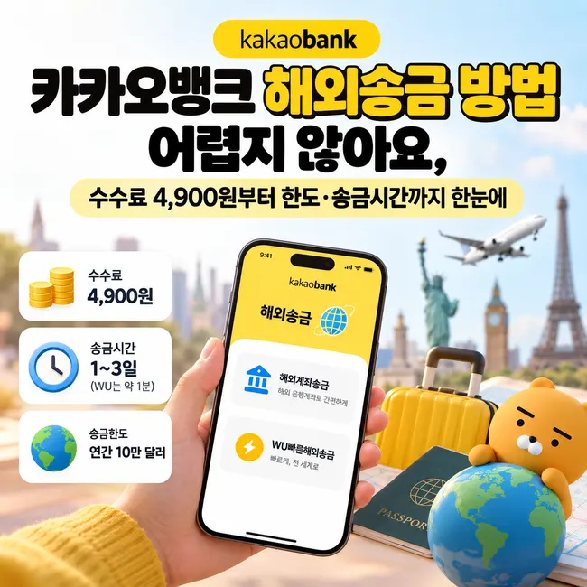 카카오뱅크 해외송금 방법과 수수료 한도 송금시간을 정리한 안내 이미지