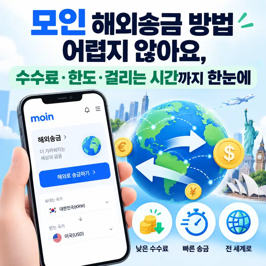 모인 해외송금 방법과 수수료 한도 송금 시간을 정리한 안내 이미지