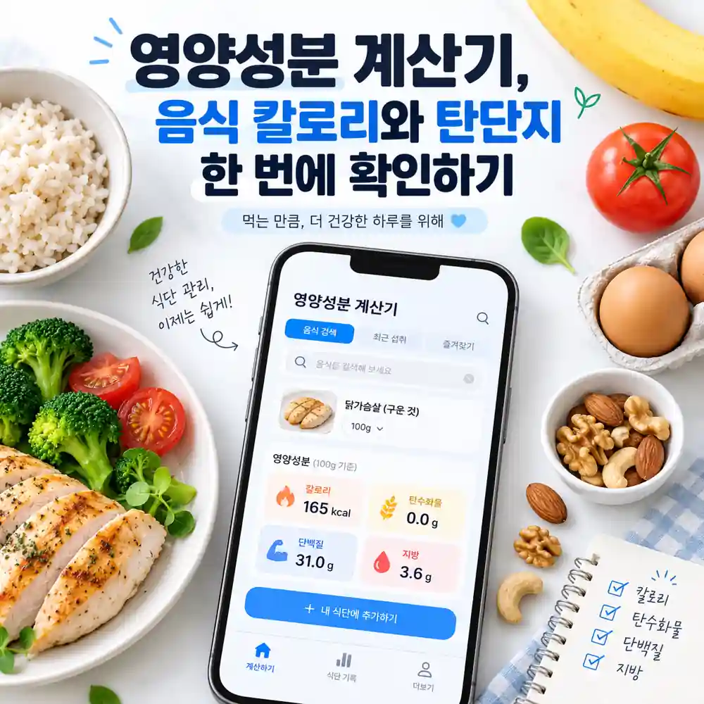 영양성분 계산기로 음식 칼로리와 탄단지를 확인하는 이미지