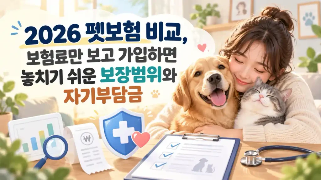 펫보험 비교와 보험료, 보장범위, 자기부담금을 안내하는 강아지와 고양이 이미지