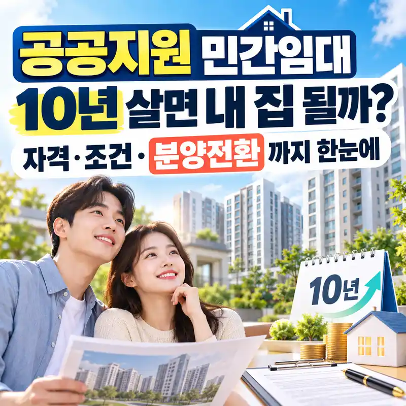 공공지원 민간임대 자격 조건과 10년 후 분양전환 여부를 안내하는 이미지